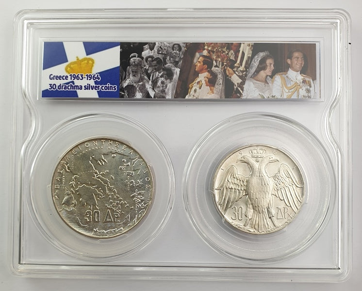 Greece - Set 30 Drachmas 1963 - 1964, Paul I, Royal Dynasty, Silver, UNC - Constantine II, Royal Marriage, Silver, UNC
