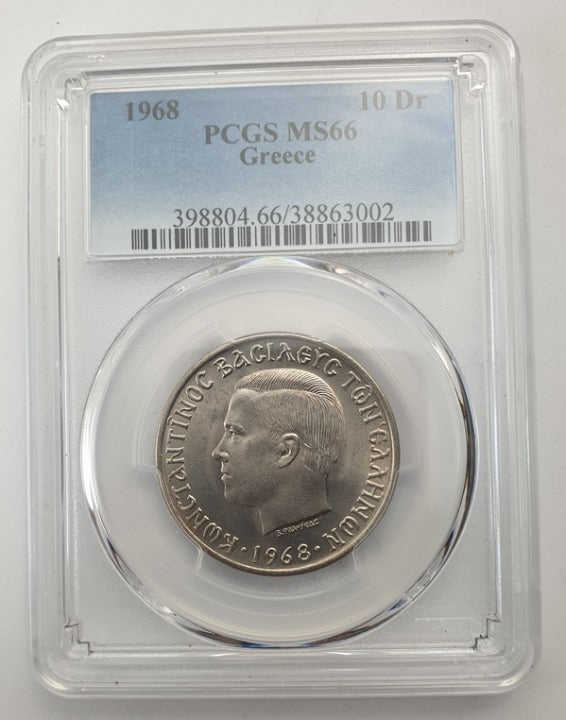 Greece - 10 Drachmas 1968 (MS 66), Constantine II