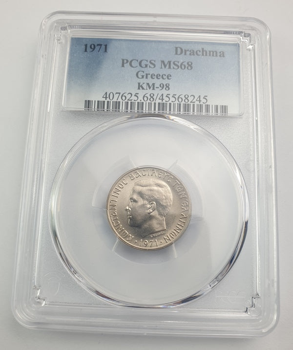 Greece - 1 Drachma 1971 (MS 68), KM-98, Constantine II top pop in both companies