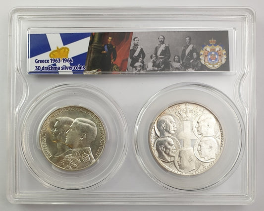 Greece - Set 30 Drachmas 1963 - 1964, Paul I, Royal Dynasty, Silver, UNC - Constantine II, Royal Marriage, Silver, UNC