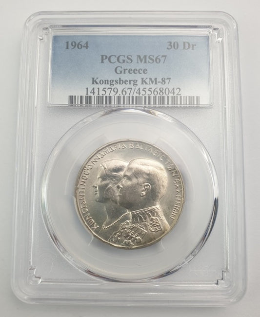 Greece - 30 Drachmas 1964 (MS 67), Kongsberg, KM-87, Constantine II, Silver