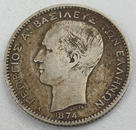 Greece - 1 Drachma 1874A, George I, Silver