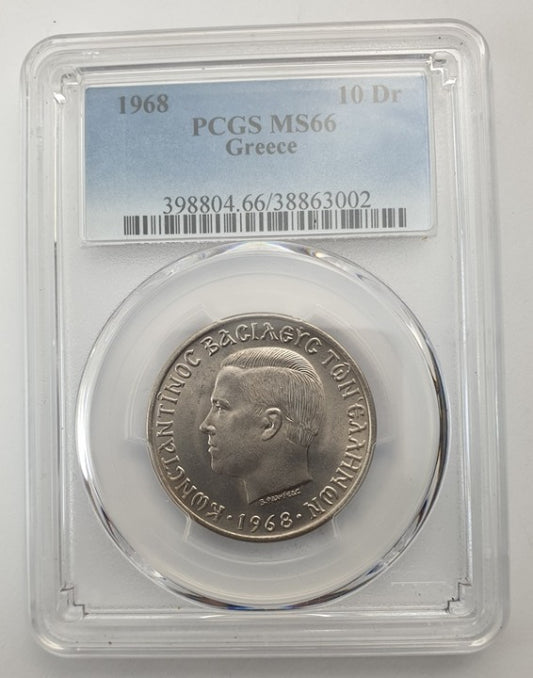 Greece - 10 Drachmas 1968 (MS 66), Constantine II