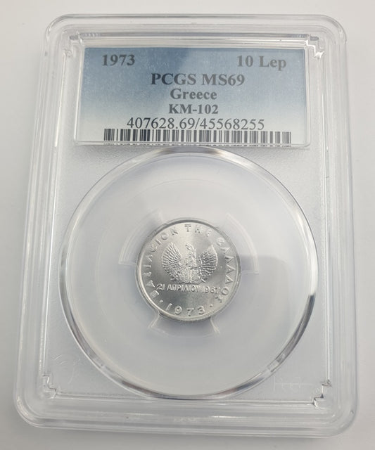 Greece - 10 Lepta 1973 (MS 69), KM-102, Constantine II top pop in both companies