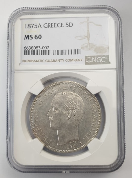 Greece - 5 Drachmas 1875A (MS 60), George I, Silver