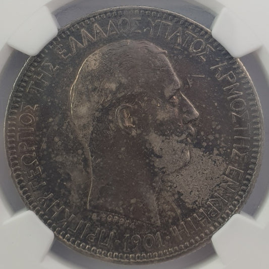 Greece - 5 Drachmai (AU 55) 1901, Geórgios, Silver