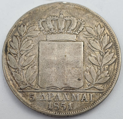 Greece - 5 Drachmas 1851, Othon, Silver