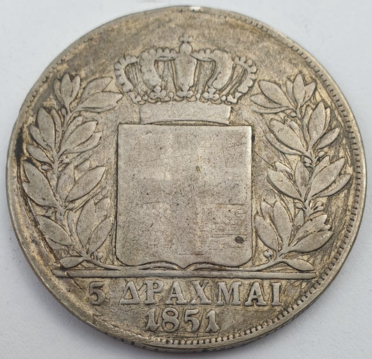 Greece - 5 Drachmas 1851, Othon, Silver